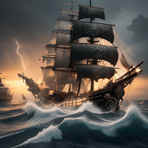 AI generated: pirate ship, adorned with intricate designs and shining shackles, battles a storm. The hull, marked ...