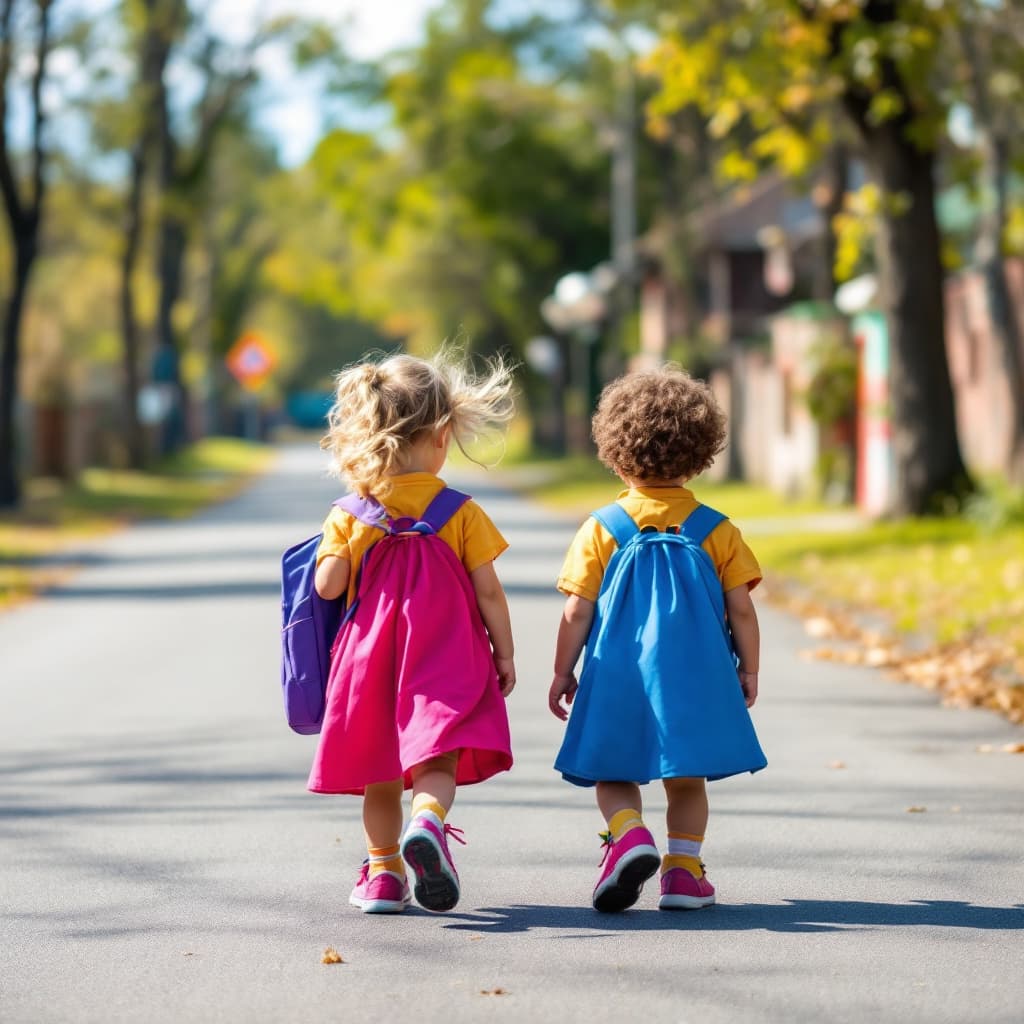AI generated: boy and girl on road going to school in bright color uniform studying in class one
