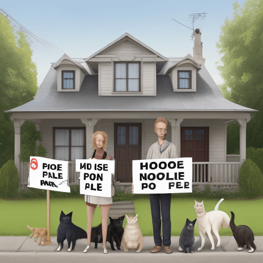 AI generated: house with people in the front with cats and dogs holding for sale signs