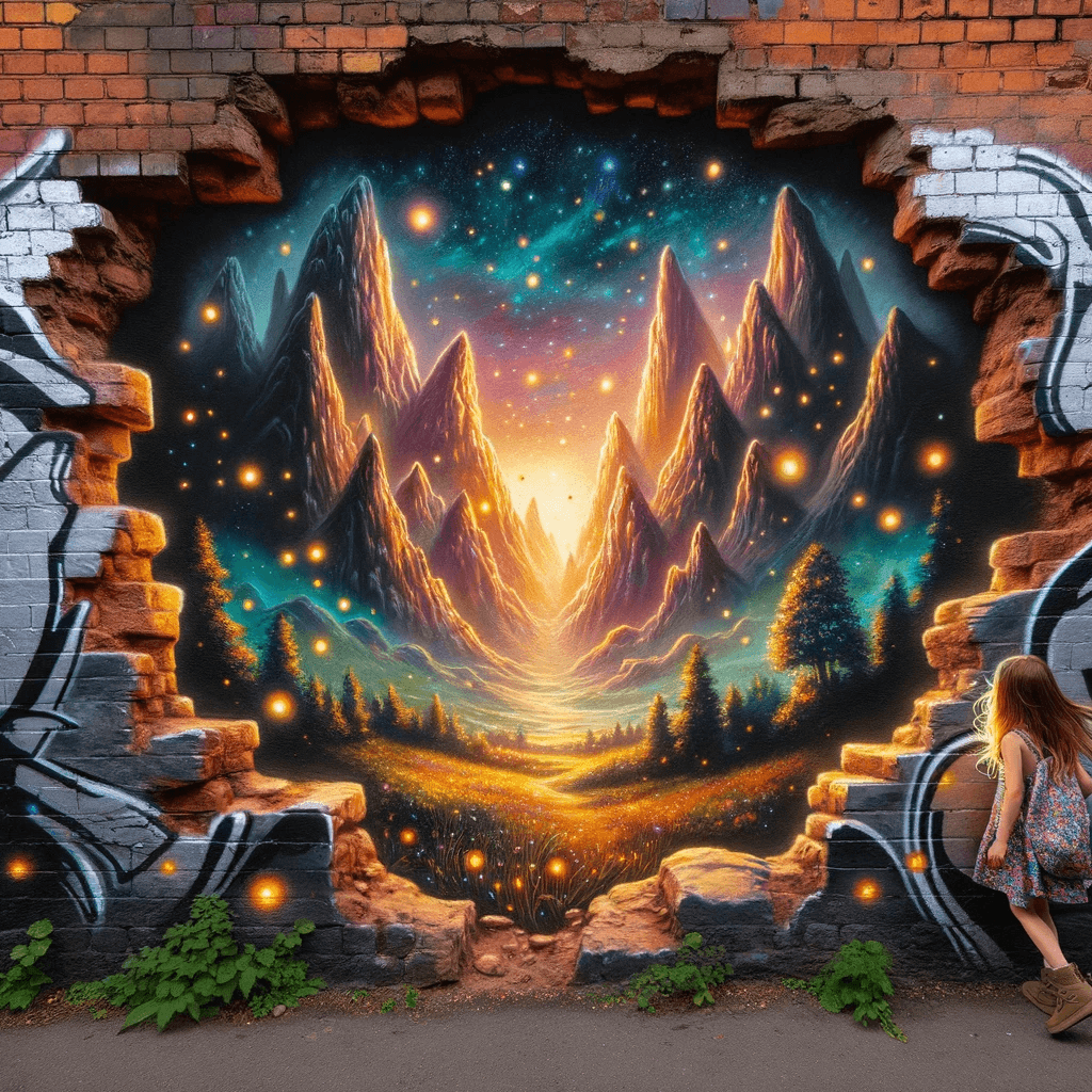 AI generated: A graffiti mural on a rugged brick surface, where a captivating hole in the wall reveals a fairytale...