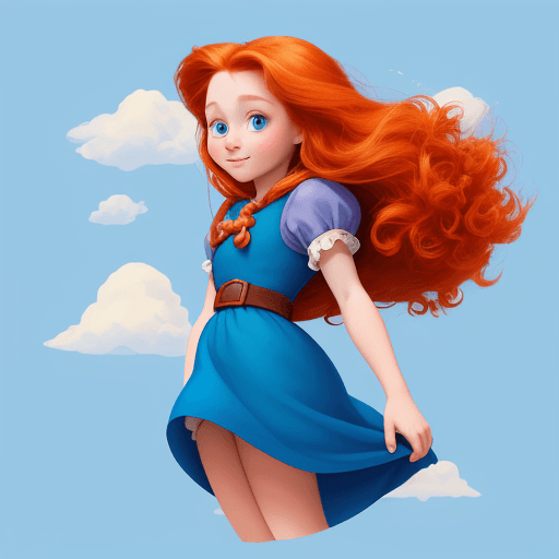 AI generated: a young girl explorer, with disney style, blue background, with clouds, cartoony, rapunzel, ginger h...