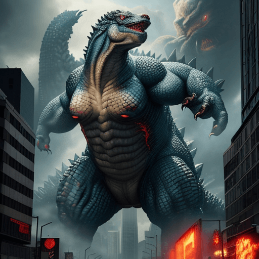 AI generated: A monstrous frontal Godzilla, known for its destructive nature, unleashes mayhem on a bustling city....