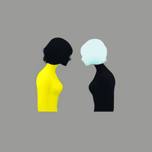 AI generated: MInimalist abstrac image of two people, one person behind the other, with a color palette of two ton...