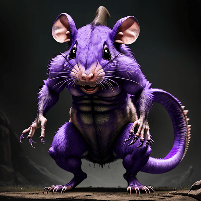 AI generated: front view of a prehistoric, wild, ugly, scary, giant violet rat, standing , 8k