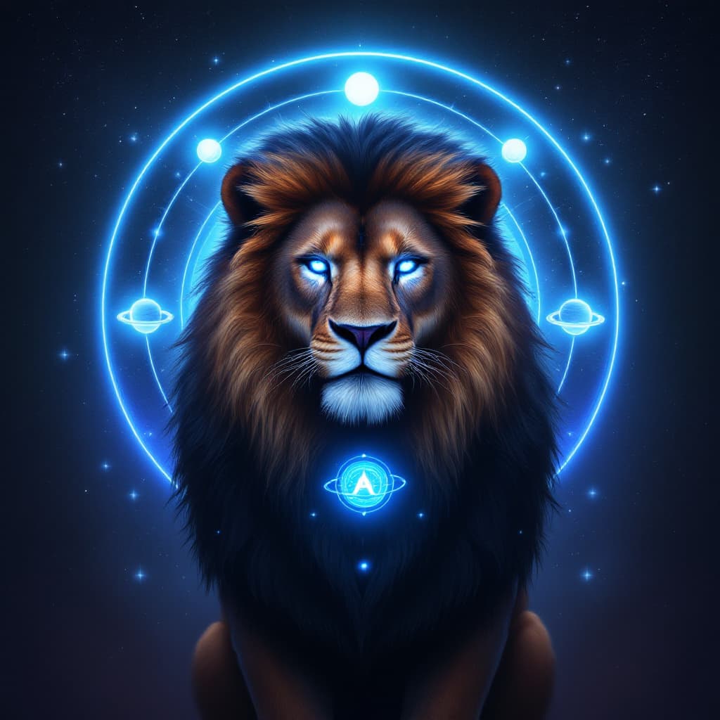 AI generated: A lion with blue eyes standing in front of an aura circle, logo 'Adriano' surrounded by planets and ...