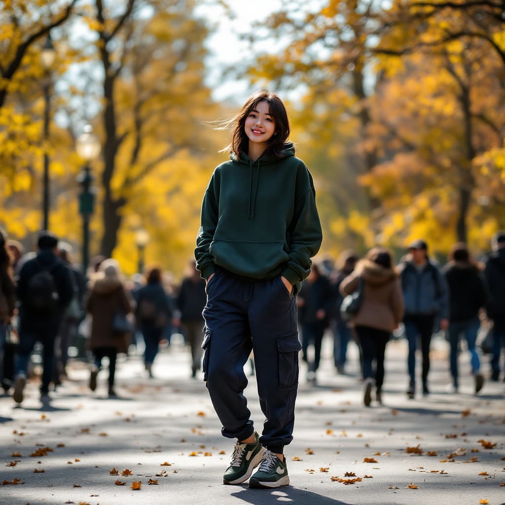 AI generated: photography, snap shot, distance range, cute asian girl model, full-body, standing, staring into the...