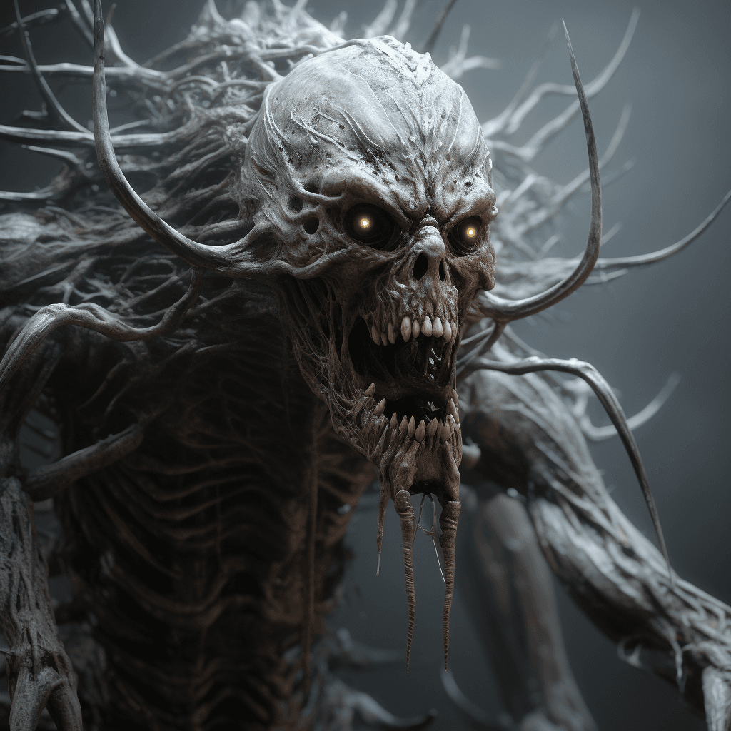 AI generated: human spider head, mutant creature with huan head and spider legs from his mouth, bizarre, by gustav...