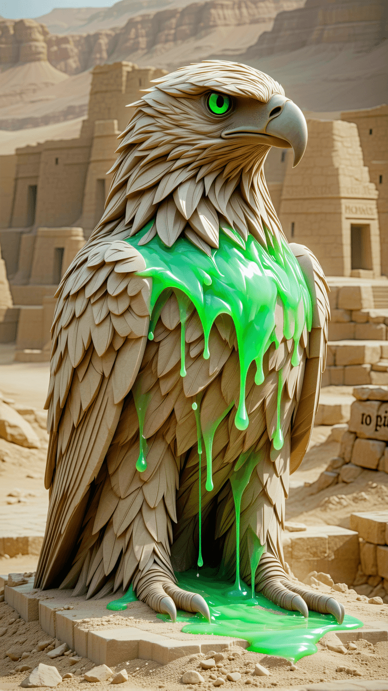 AI generated: An eagle statue made of sand and holographic green liquid,eagle looks angry,the shape of the eagle i...