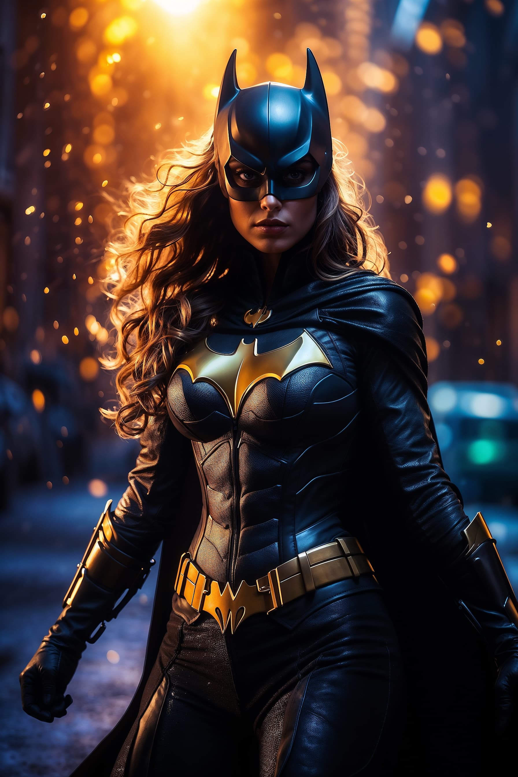 AI generated: ((Long Exposure Photography)) high quality, highly detailed, Batgirl, DC Universe, slim body, long h...