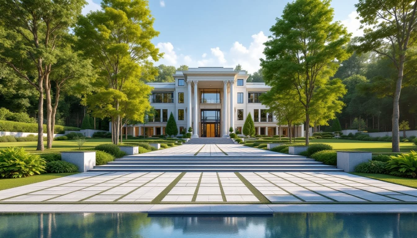 AI generated: (6 floors:1.2), modern house, long royal steps to entrance, to the left a long driveway leading beyo...