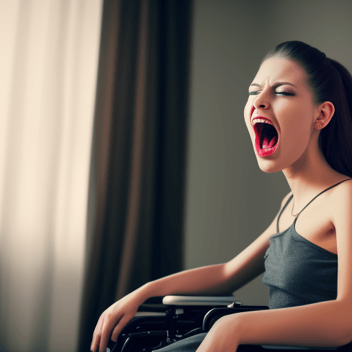 AI generated: young woman, aggressive, wheelchair, screaming, drunk