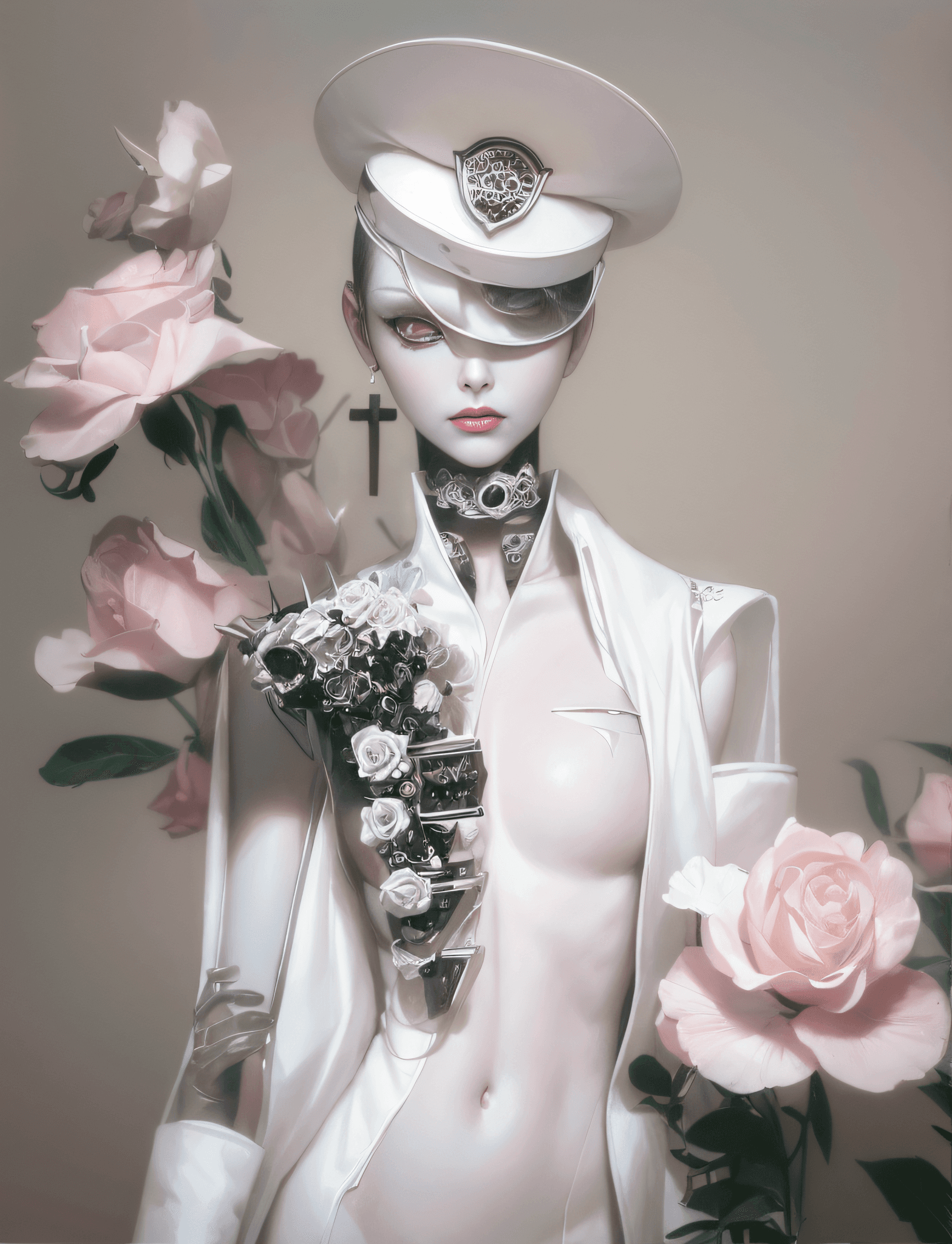 AI generated: there is a woman in a white suit and hat with roses, natalie shau, inspired by Ray Caesar, cyberpunk...