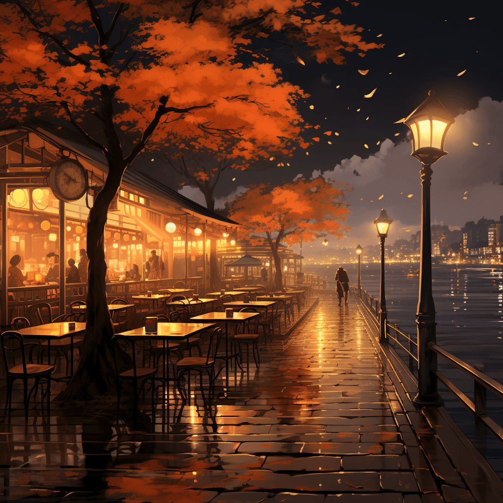 AI generated: Digital painting, anime style of Makoto Shinkai studio, autumn, facing the sea, a café on the pier, ...