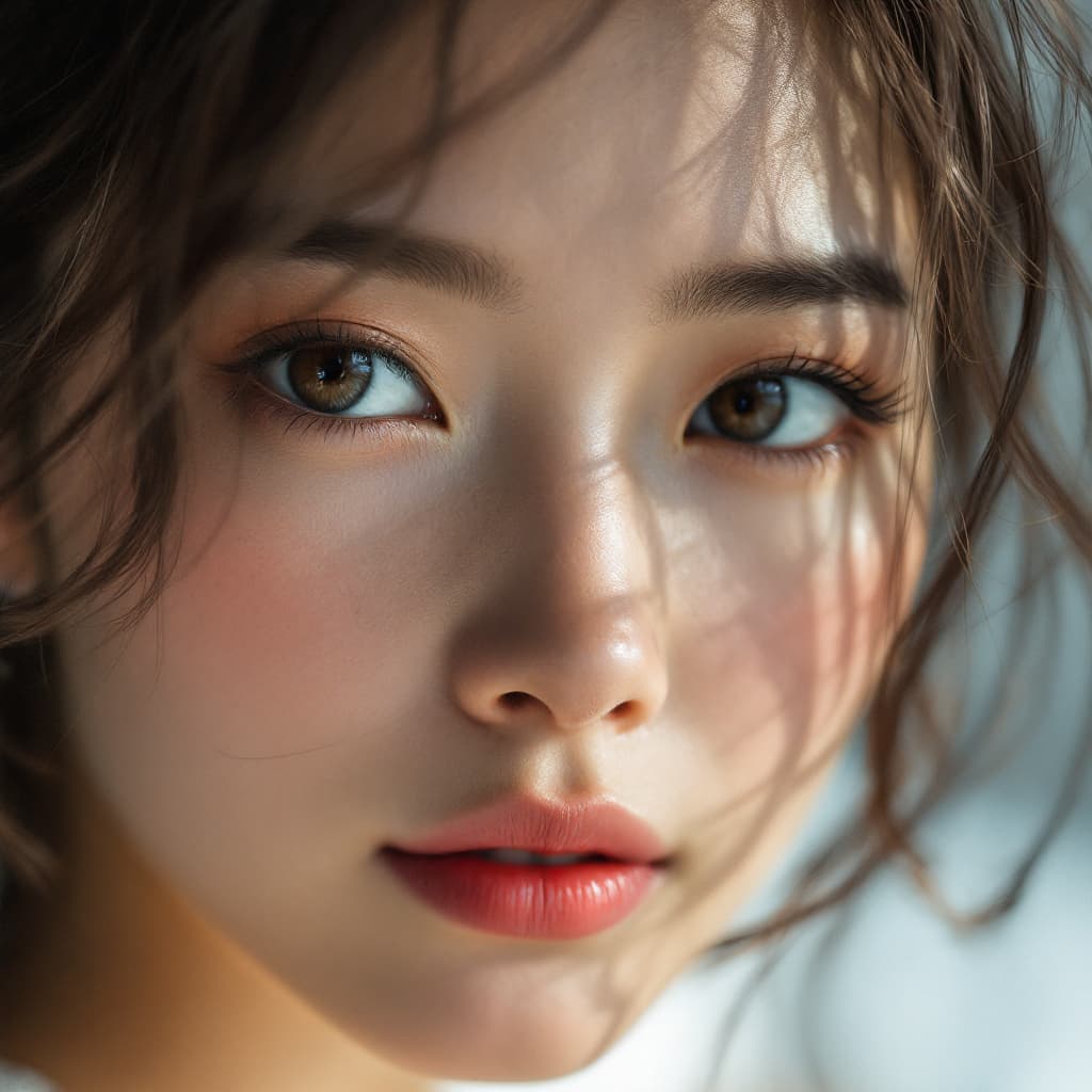 AI generated: Close-up portrait of a woman from China, no makeup, early morning face when getting up, with brown h...