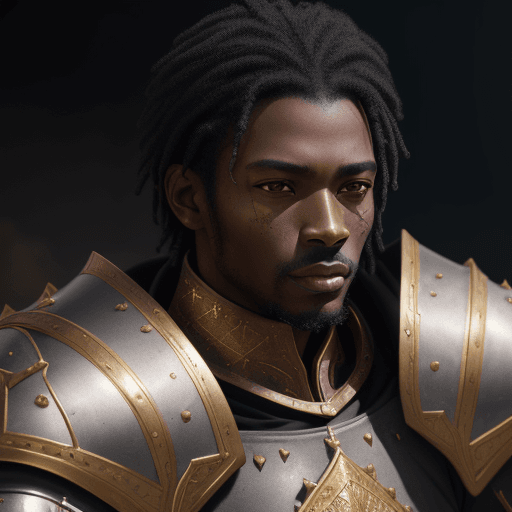 AI generated: portrait of a black male in dark gold medieval armor, fine realistic crimson black hair, attractive,...