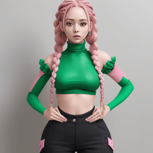 AI generated: woman anime stile braids whole body in frame pink hair on top green below  woman tight clothes 