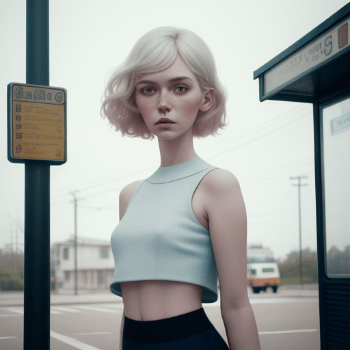 AI generated: a woman wearing a cropped top and leggings standing in front of the bus stop, in the style of Oleg O...