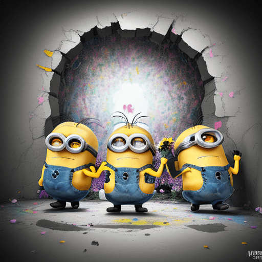 AI generated: realistic image of three happy minions breaking and coming out of a hole in the wall, full of flower...