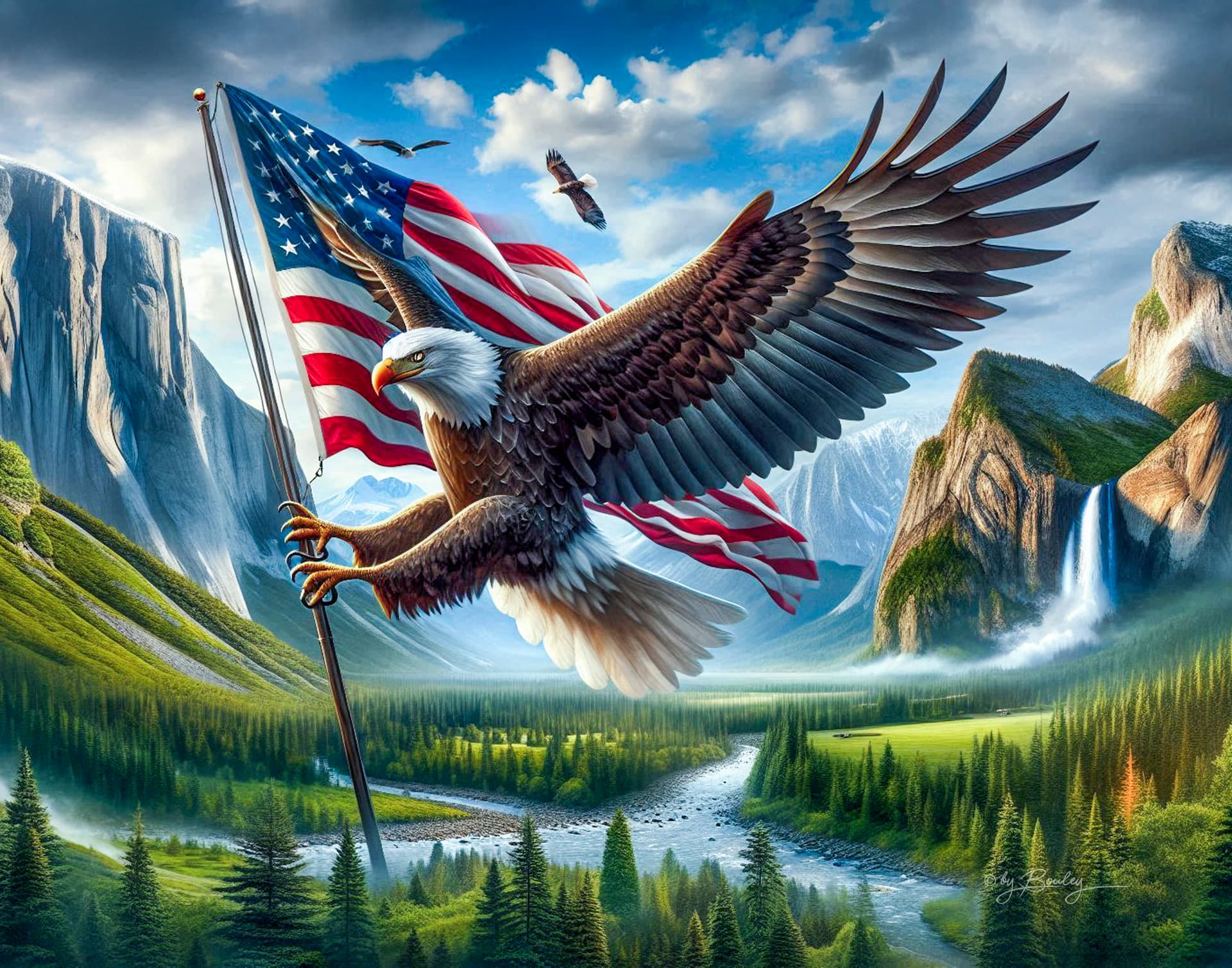 AI generated: close-up of a bald eagle flying over mountains, holding in its talons a flag pole with an American F...