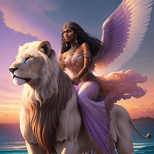 AI generated: Photo of an ultra realistic, brown-skinned goddess with a gorgeous face riding a flying white lion w...