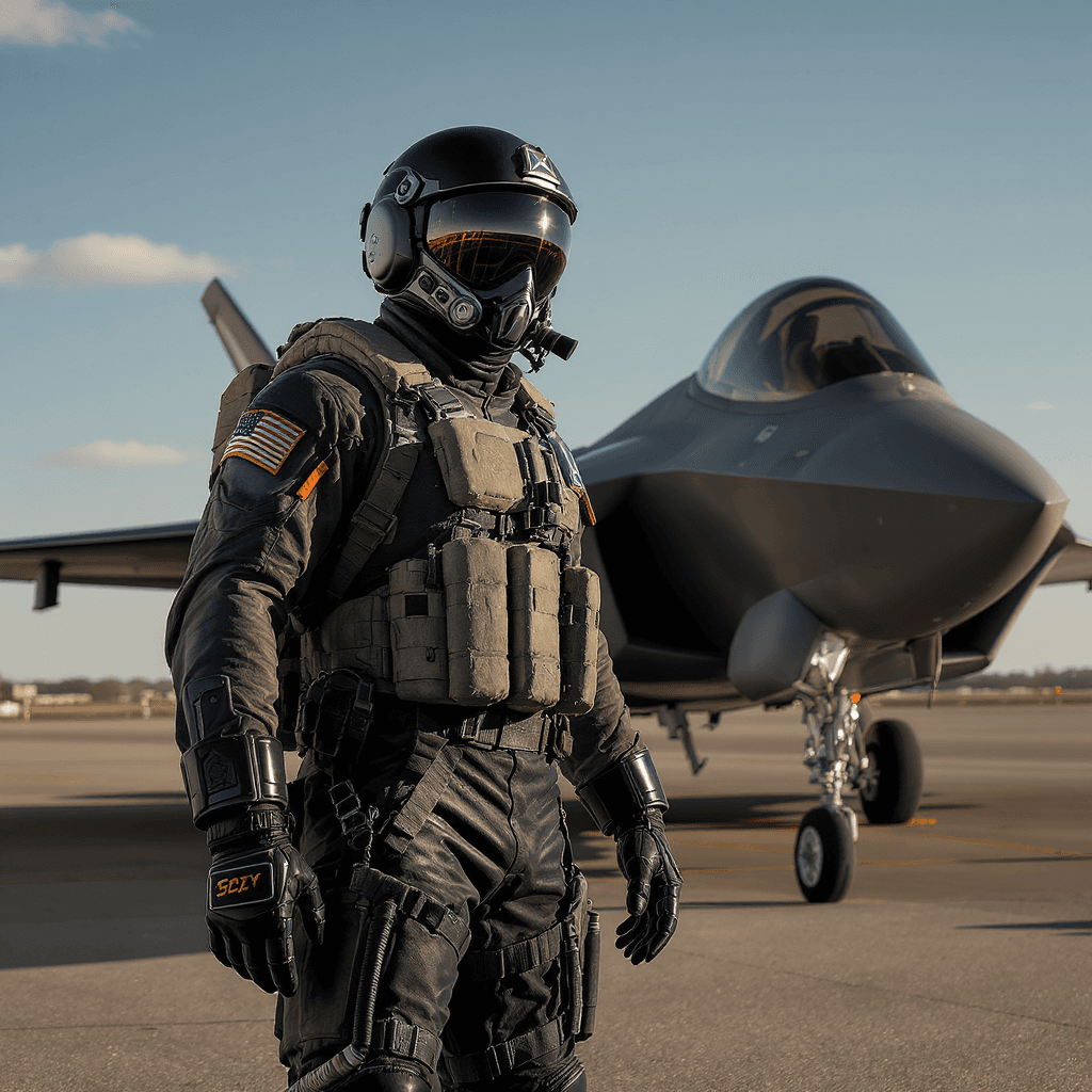 AI generated: A detailed U.S. Air Force pilot in full flight gear standing on the tarmac next to a F-22 Raptor, th...