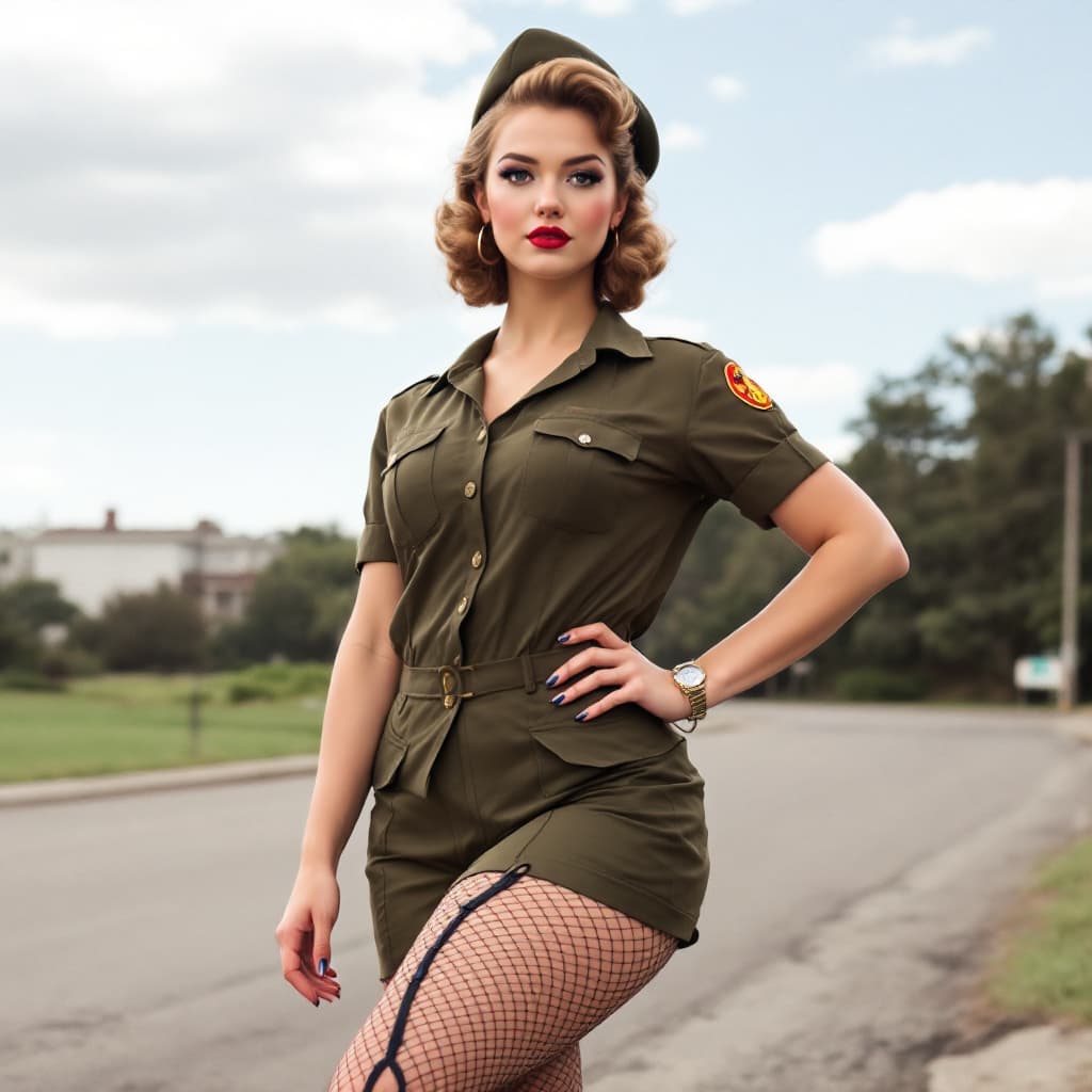 AI generated:  50s PIN up girl army uniform