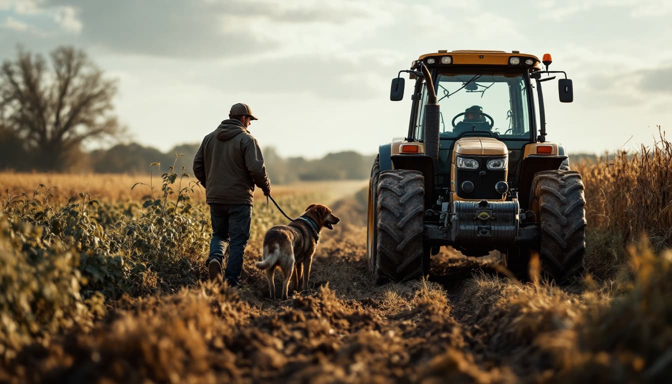 AI generated: a man in farm with tractor and dog help to him