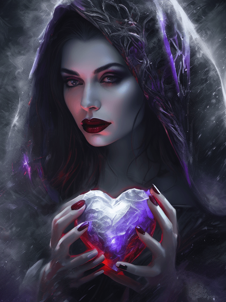 AI generated: a young witch holding a frozen heart, in the style of dark purple and dark gray, matte painting, dar...