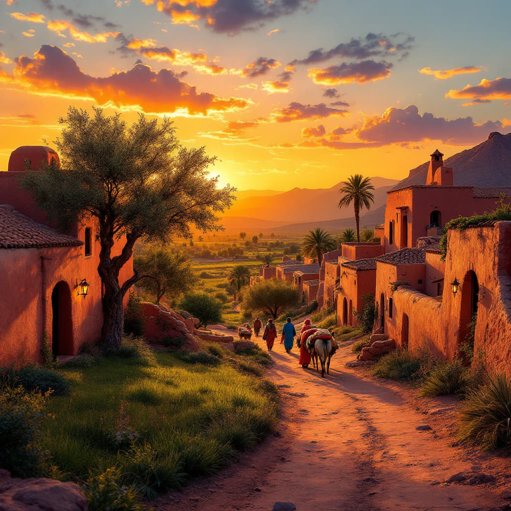 AI generated: A picturesque Moroccan douar landscape at sunset, with traditional adobe houses and narrow dirt path...