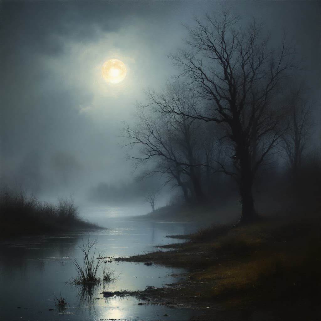 AI generated: art style by john atkinson grimshaw beautiful landscape painting that captures a moonlit scene by a ...