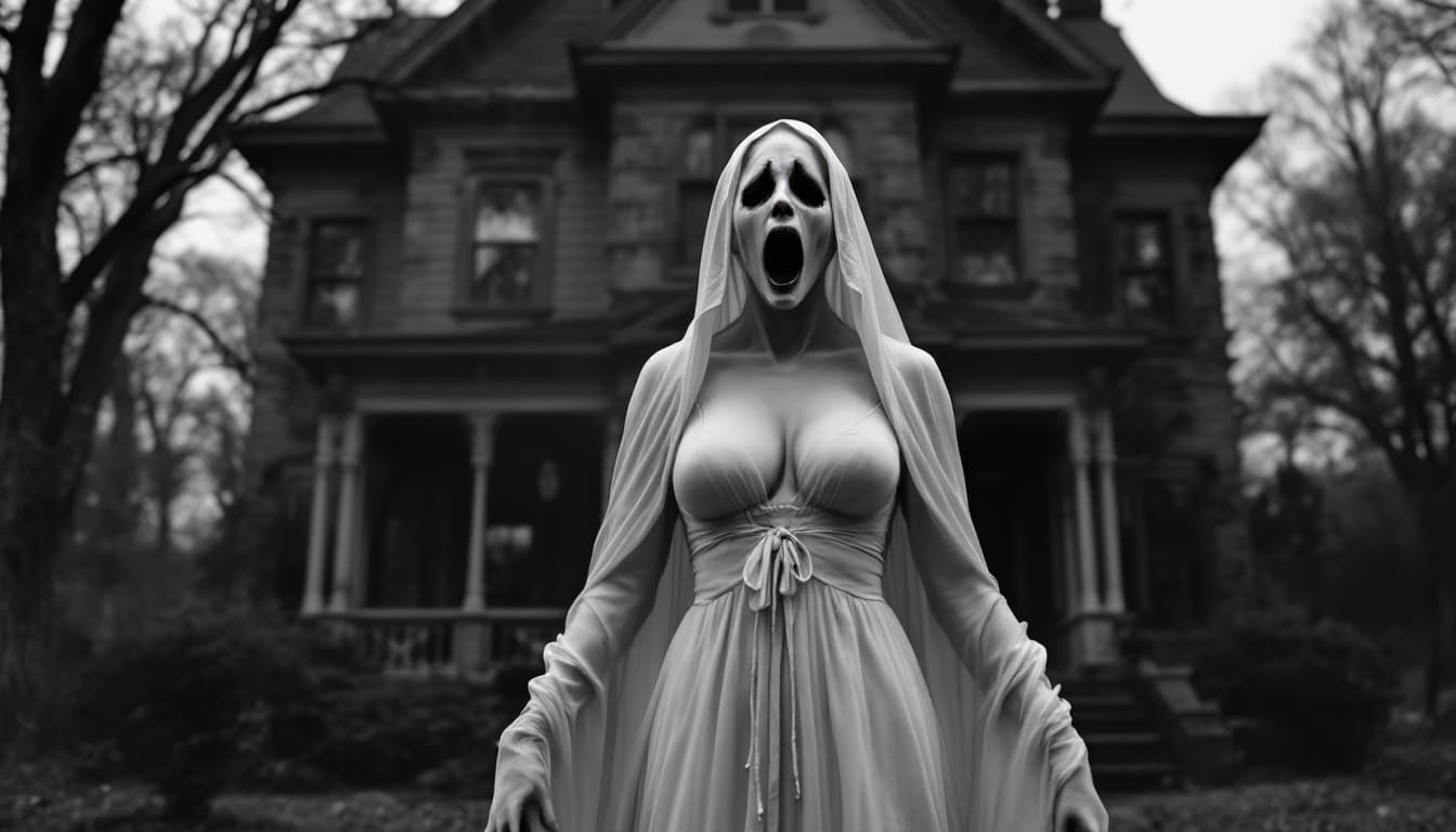 AI generated: HIGH DEFINITION - BLACK AND WHITE - camera shoots from distance -  A BEAUTIFUL GHOST WOMAN IN WHITE ...