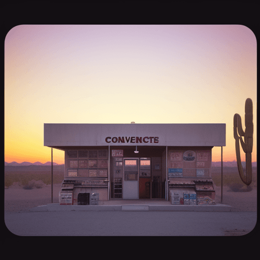 AI generated: Isolated convenience store in the middle of the desert at sunset, car parked outside, lo-fi, nostalg...
