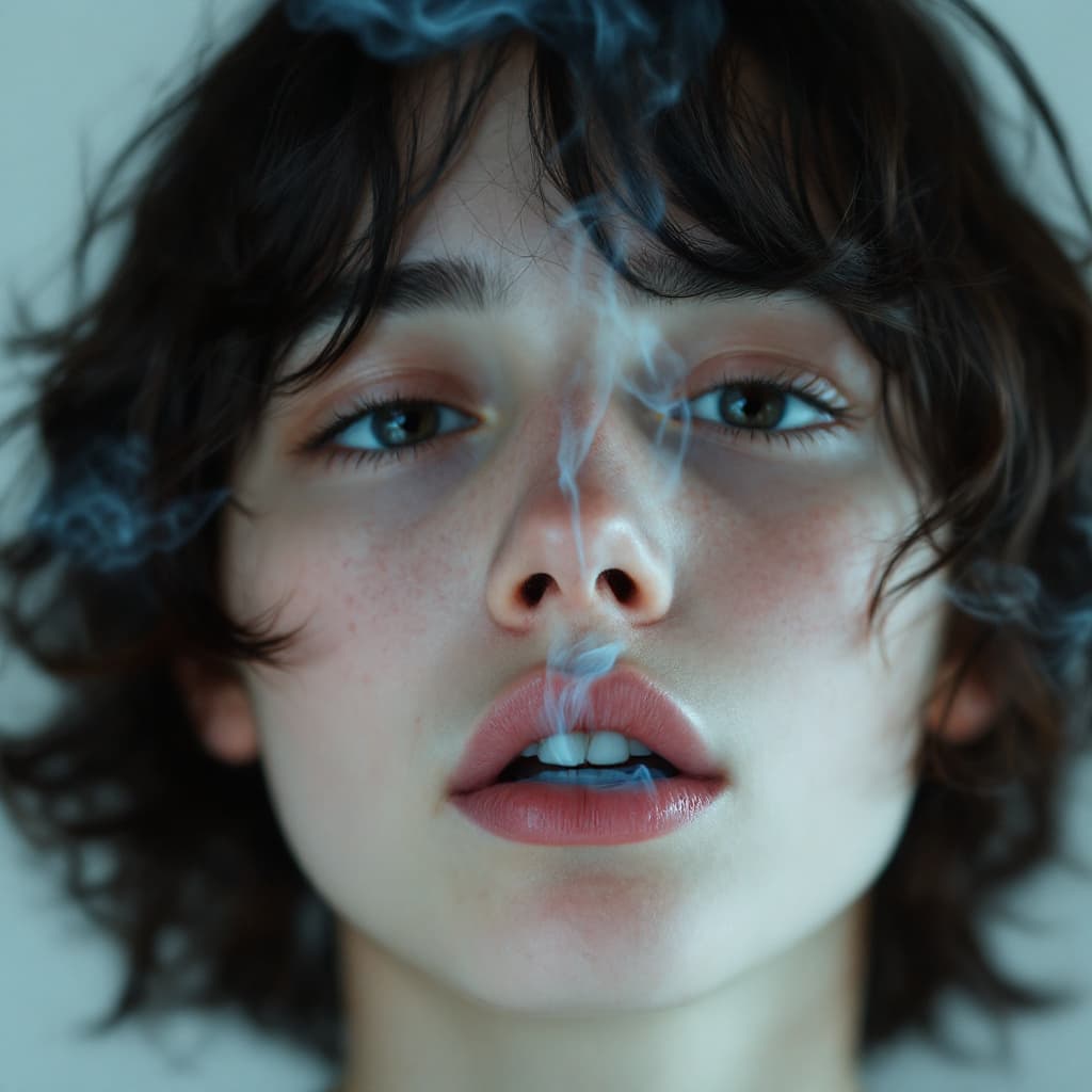 AI generated: close-up of a young boy with pale blue smoke curling from her lips against a stark white background,...
