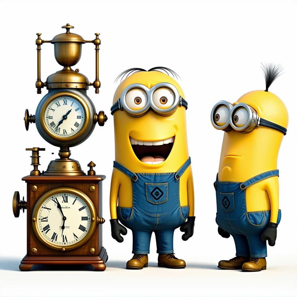 AI generated: A picture of the Minions and Professor Gadget's standing next to the time machine and being happy Mi...
