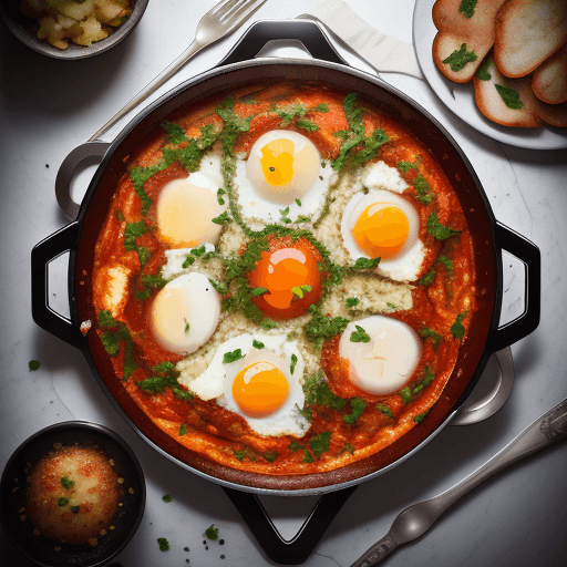 AI generated: Food photography, shakshuka, top view,in a luxurious Michelin kitchen style, studio lighting, depth ...