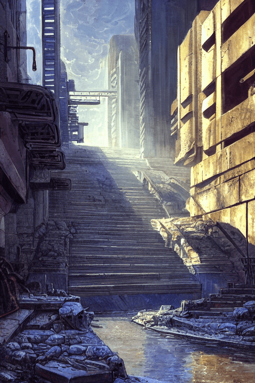 AI generated: river canal in ruined apocalyptic sci-fi city, stone plazas, stone steps, temples, sci-fi military s...