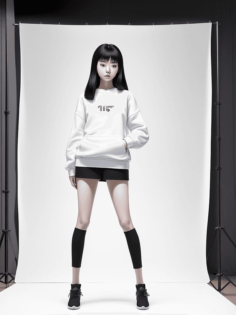 AI generated:  Full-body shot of a Chinese femalemodelwearing a comfortable sweatshirt,standing infront of awhite ...