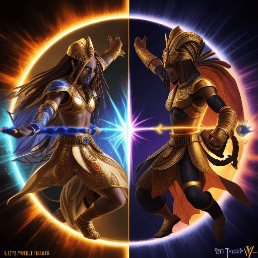 AI generated: The final battle between tweo wegyptian gods, Set vs Horus, light vs dark, good vs evil, epic battle...