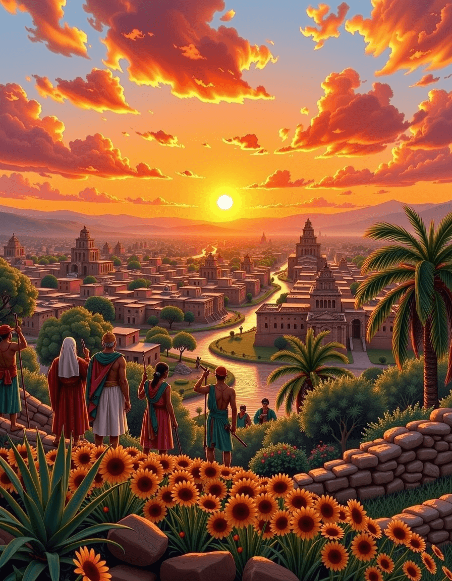 AI generated: "A Mesoamerican cityscape at sunrise, priests and farmers in daily life, interpreted in symbolic Azt...