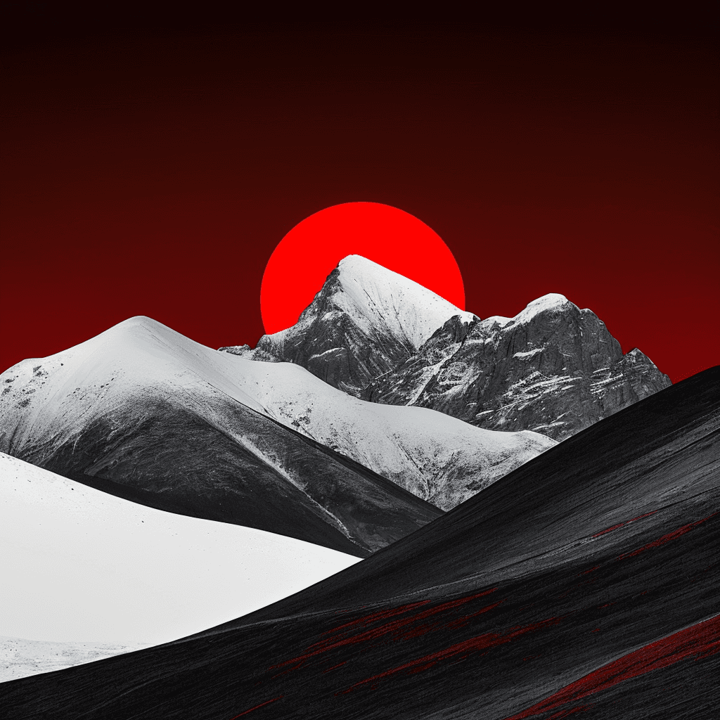 AI generated: Snowy mountains surrounded by symmetry, in the center is a black and red two suns from the evening. ...
