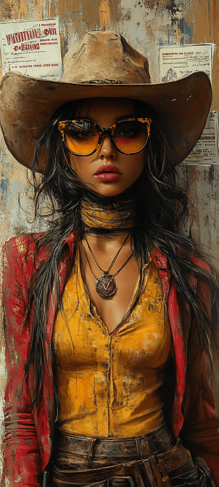 AI generated: Cowgirl painting in stylish glasses, catrina style, dressed in fashionable clothes, he stands agains...