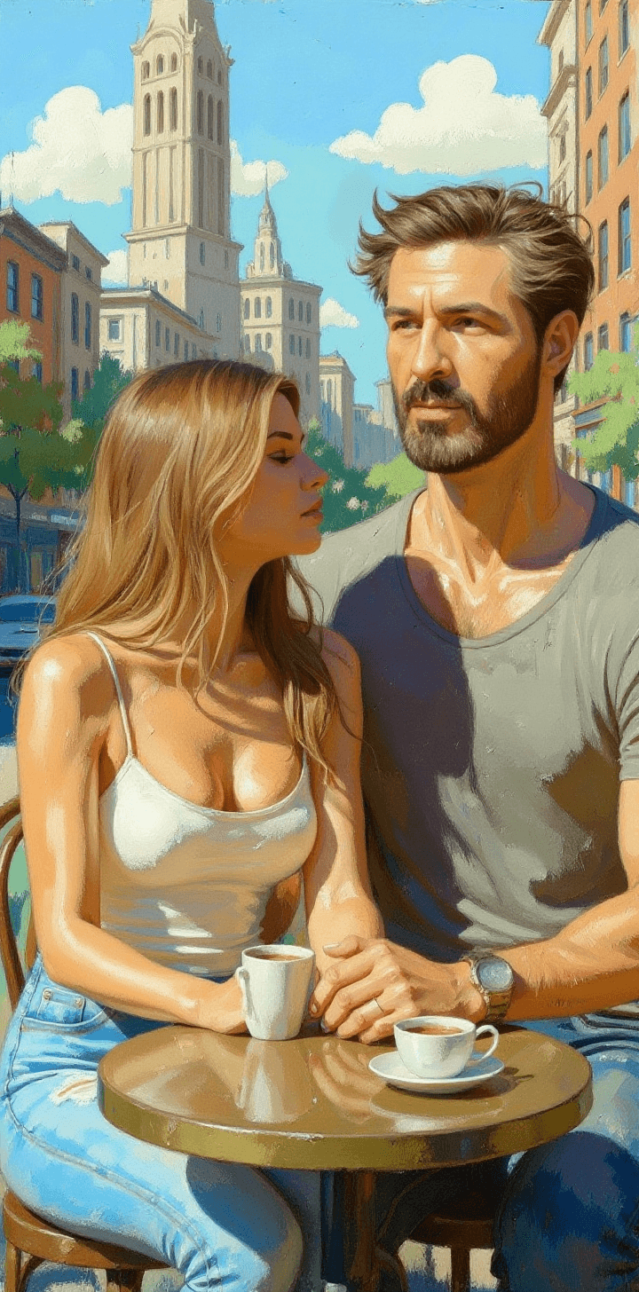 AI generated: a painting of a woman and her tall handsome husband sitting at a coffee shop in Wallstreet, New York...