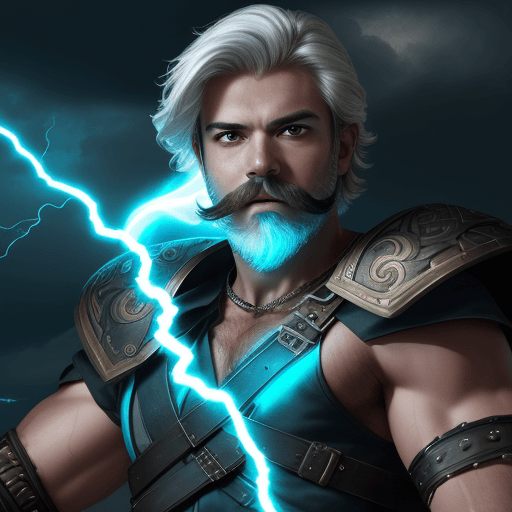 AI generated: 1boy, male_focus, solo, glowing, lightning, facial_hair, glowing_eyes, electricity, mustache, weapon...