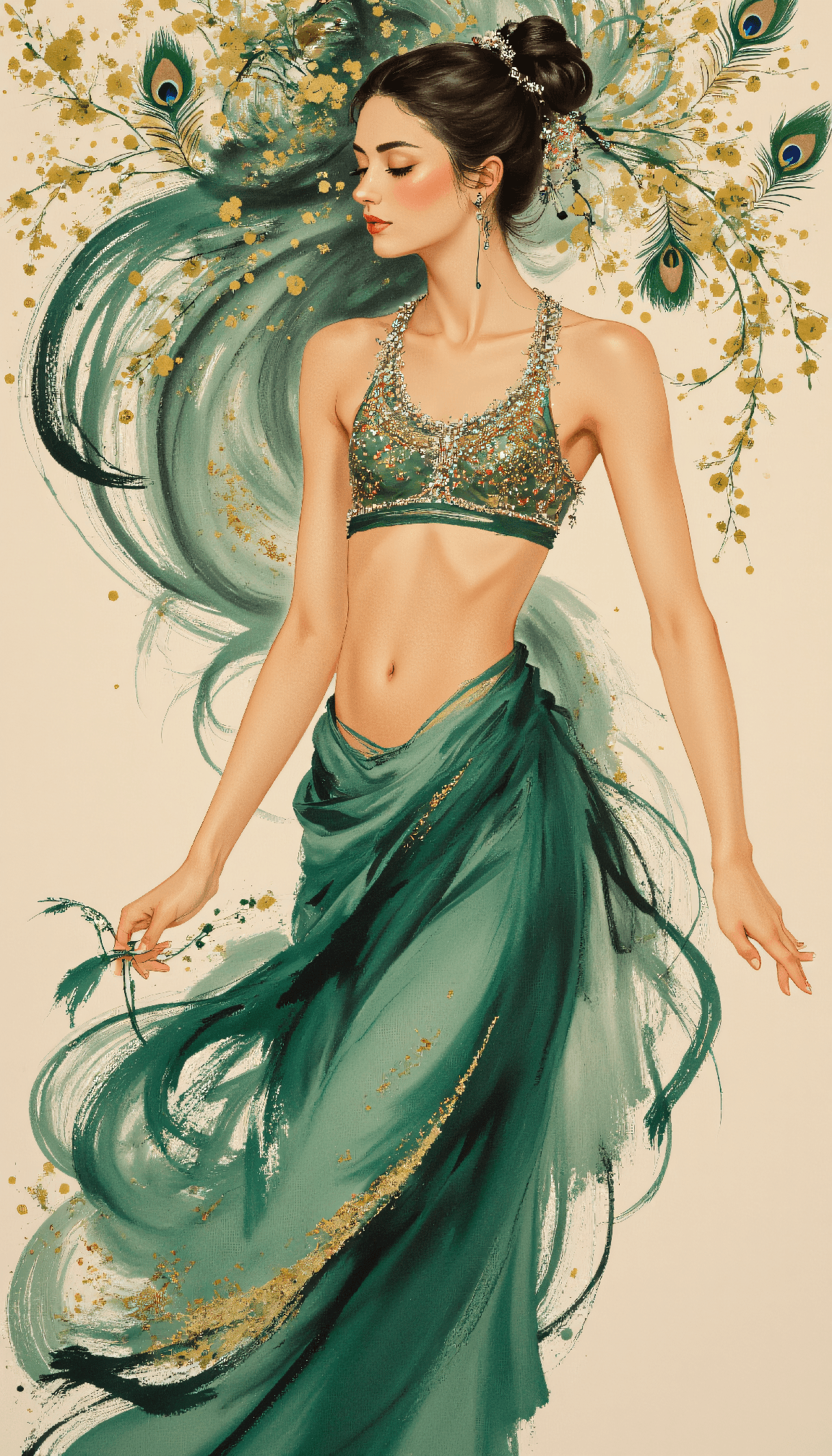 AI generated: Art nouveau decorative painting with ornamental linework of an athletic female dancer, wearing a jew...
