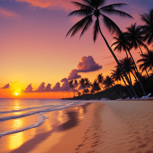 AI generated: palm trees , A serene tropical beach at sunset,