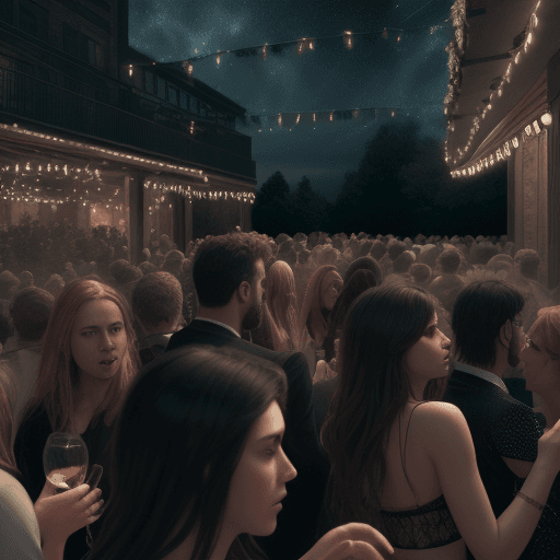 AI generated: Hyper realistic level exterior photo of a person bored on a party , night, a lot of people, big part...
