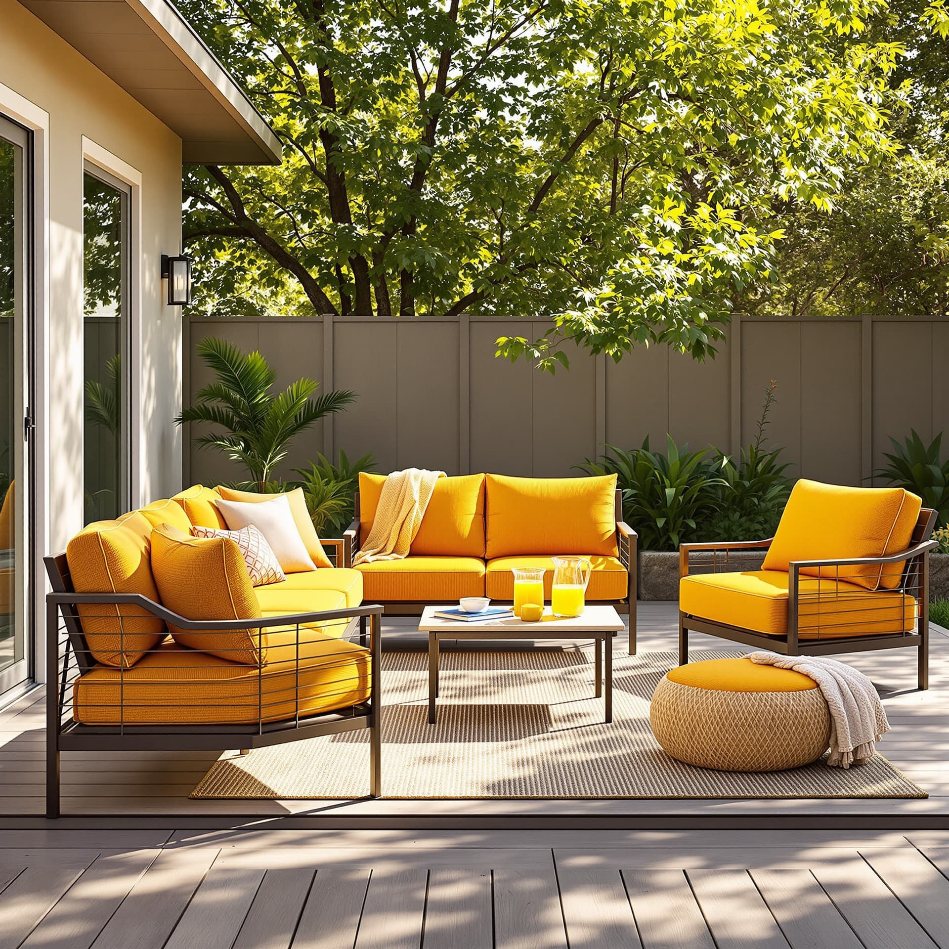 AI generated: A stylish backyard patio scene featuring modern outdoor furniture upholstered in plush corduroy fabr...
