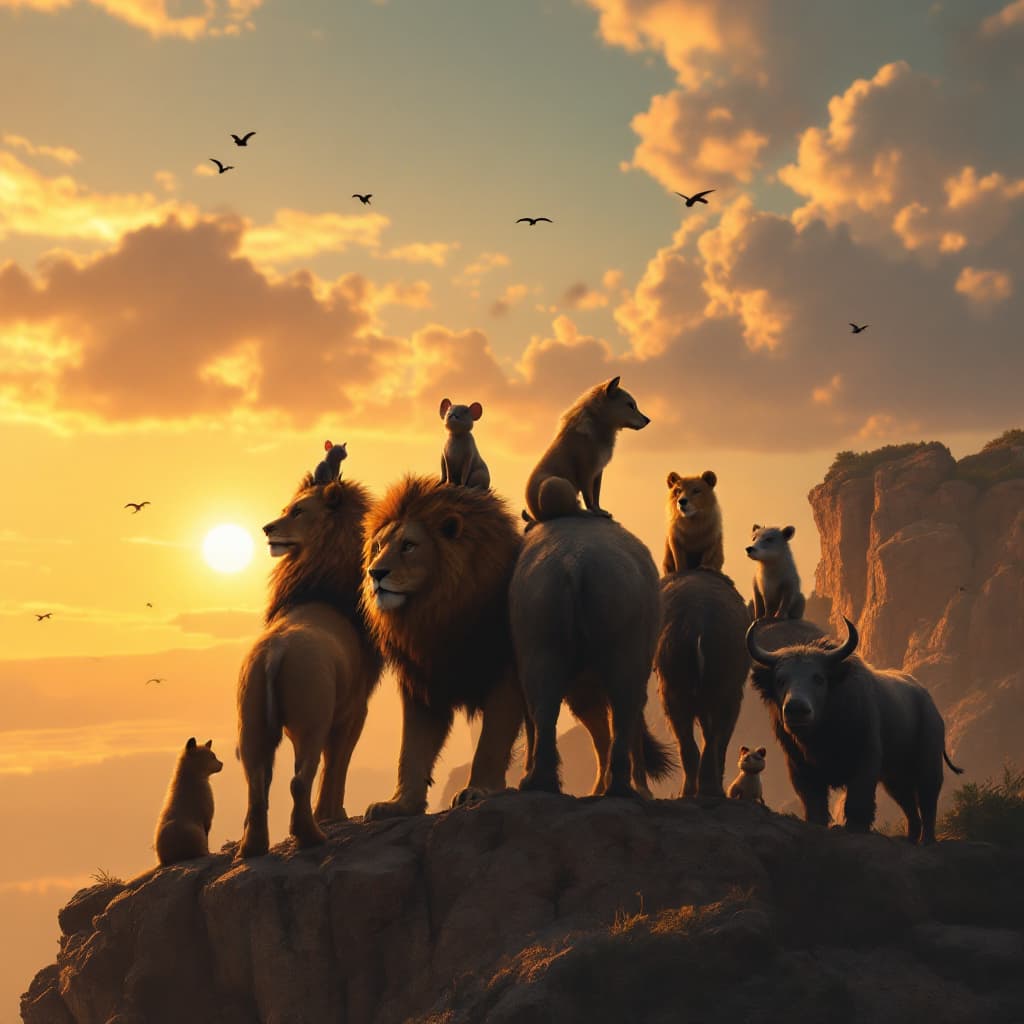 AI generated: A captivating scene at the edge of a rocky cliff, where a group of nine animals stands in unity as t...