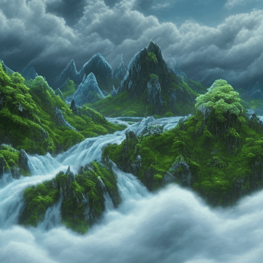 AI generated: an endless mountain range on the background full with lush green forests and life, blue sky with exp...