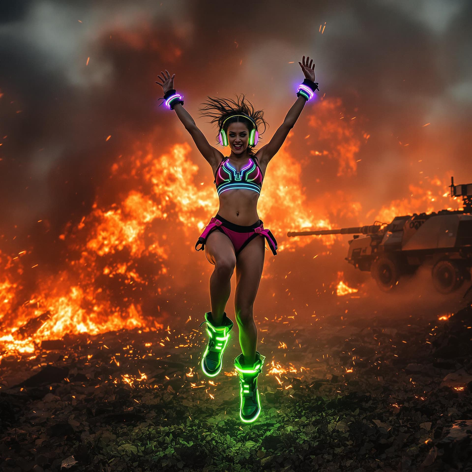 AI generated: A fierce, stunning young woman dancing wildly in the middle of a battlefield engulfed in fire, explo...